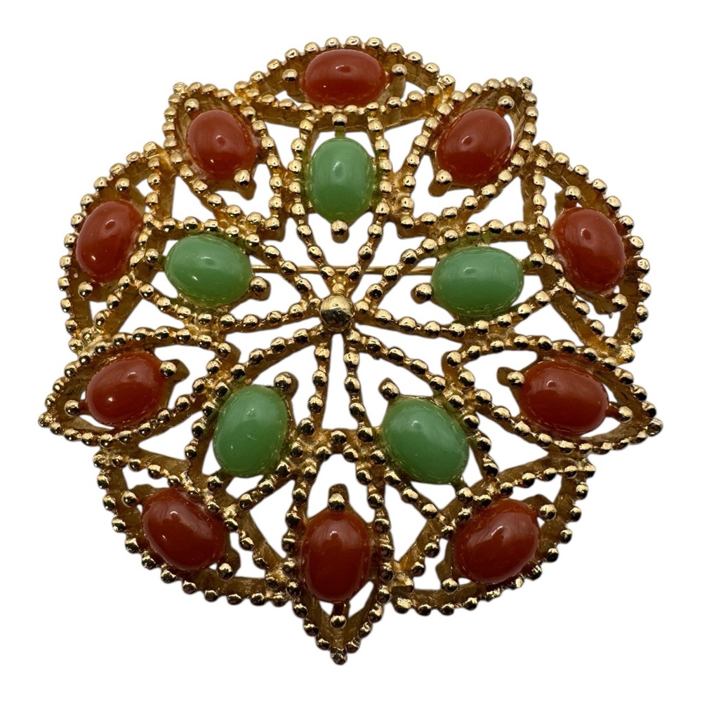 Vintage Sarah Coventry Gold-Tone Floral Brooch w/‎ Red & Green Cabochons – 1.75”